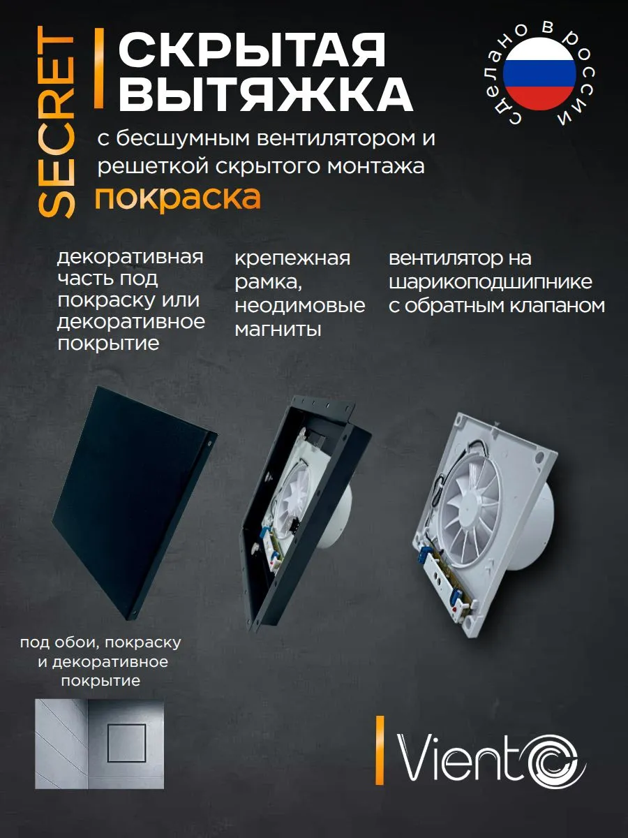 Решетка ВИЕНТО SECRET 100СНК black скрытого монтажа 207*207 с вентилятором 100СНК, обратный клапан, таймер+датчик влажности, черная