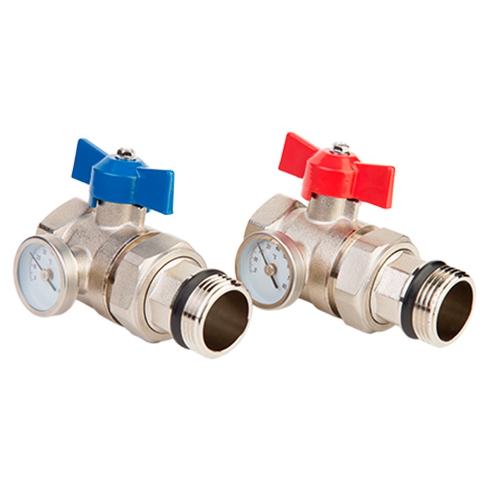 Краны шаровые MVI Ду25 Ру16 с термометром для коллектора (комплект 2 штуки)