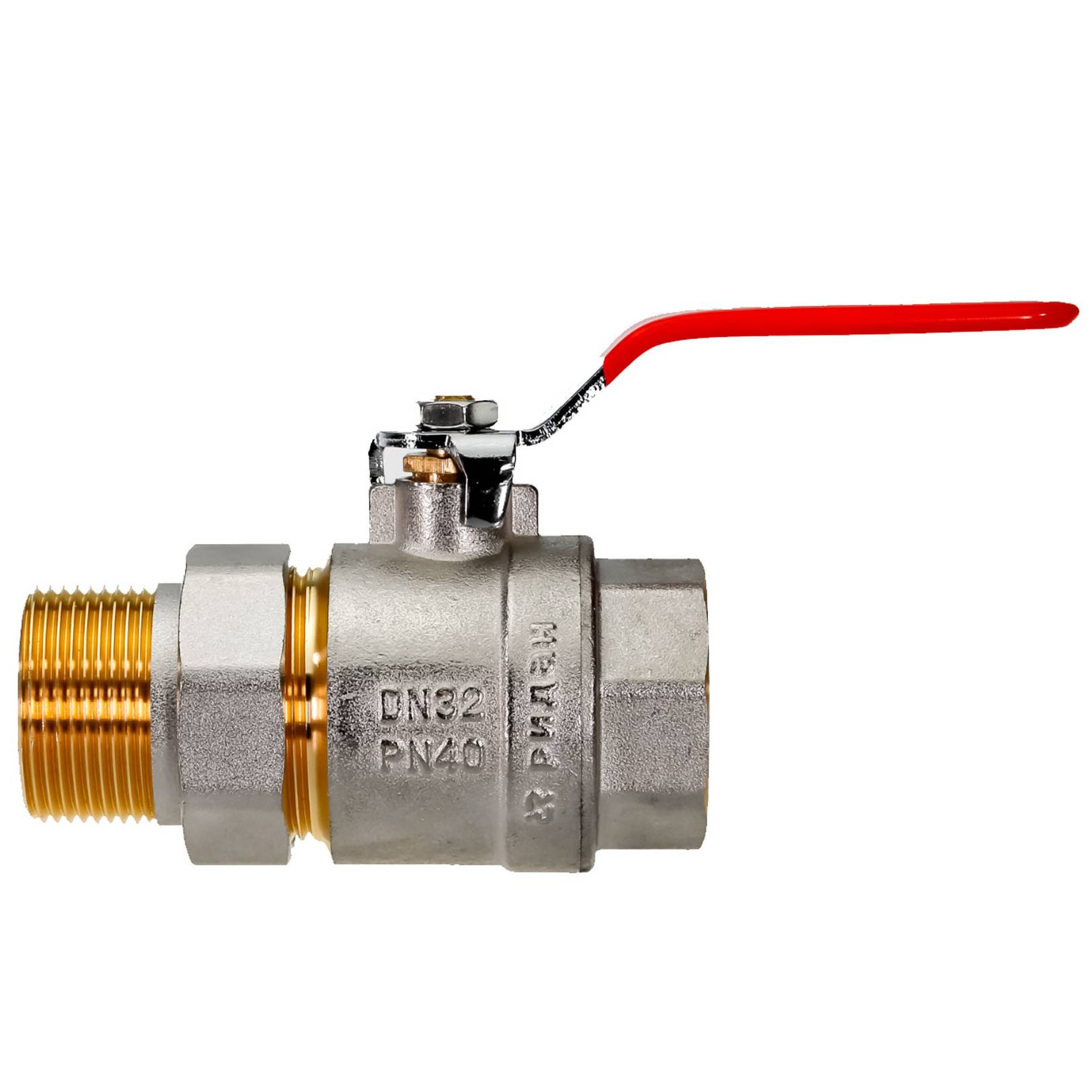 Кран шаровой латунный РИДАН BVR-FR DN32 PN40 п/п, с накидной гайкой и ниппелем, рычаг