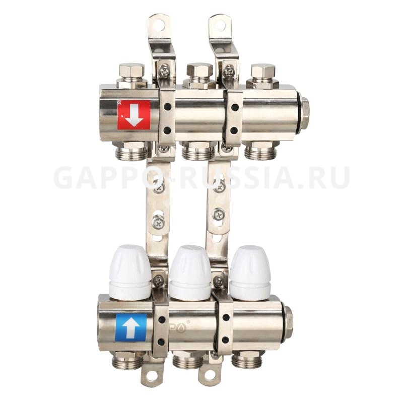 Коллектор регулируемый с запорными клапанами из латуни Gappo G427.3 3-вых. 1