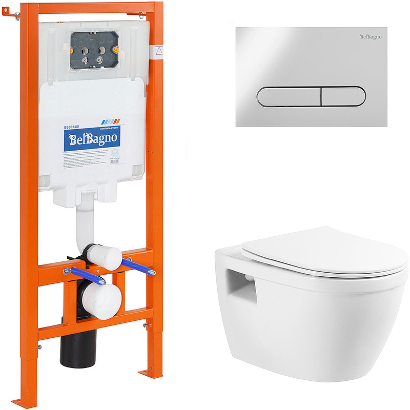Комплект унитаза с инсталляцией BelBagno BB070CHR/SC/BB002-80/BB005-PR-CHROME (цвет клавиши хром)