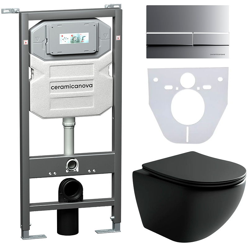 Комплект унитаза с инсталляцией Ceramica Nova Metropol CN4002MB_1002M_1000 (цвет клавиши хром матовый)