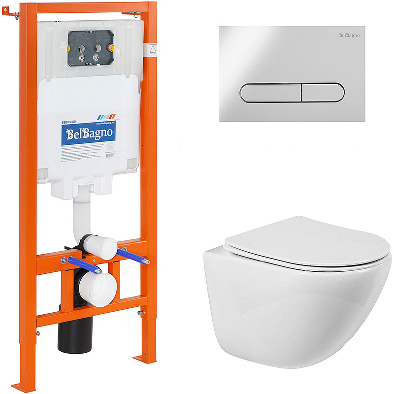 Комплект унитаза с инсталляцией BelBagno BB051CHR/BB051SC/BB002-80/BB005-PR-CHROME (цвет клавиши хром)