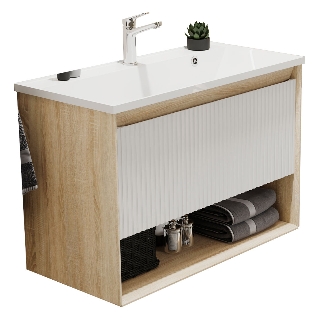 Тумба под раковину Jorno Tossony Toss.01.90/P/SS-W/JR 90 см (белый/светлое дерево) подвесная