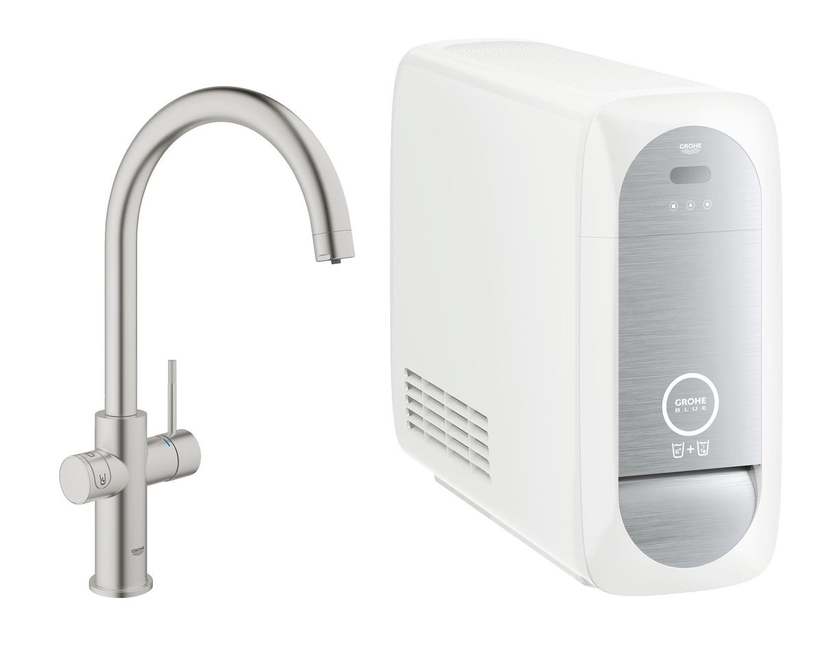 Смеситель для кухни GROHE Blue Home с функциями фильтрации, охлаждения и газирования водопроводной воды (фильтр в комплекте), суперсталь 31455DC0