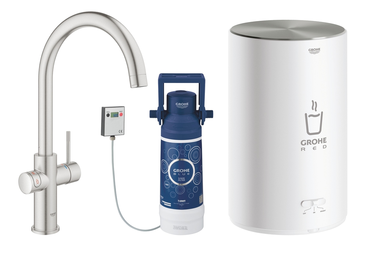 Смеситель для кухни GROHE Red Duo New с функцией кипячения воды (бойлер M-size в комплекте), суперсталь 30083DC1