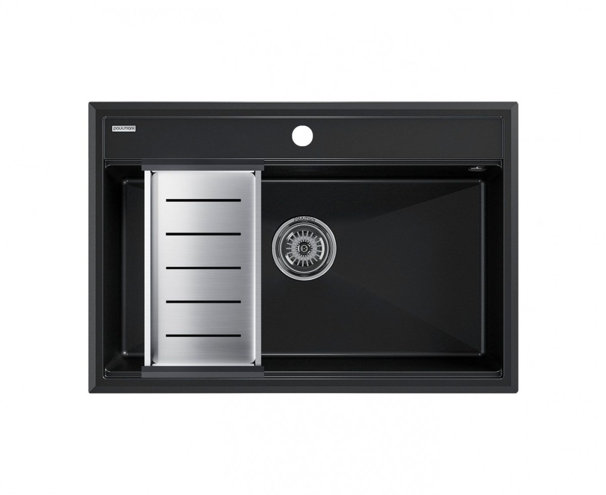 Комплект кухонная мойка Paulmark Stepia 80 750*510 мм + коландер Advance PM117551-BLM+A375-BS (чёрный металлик)