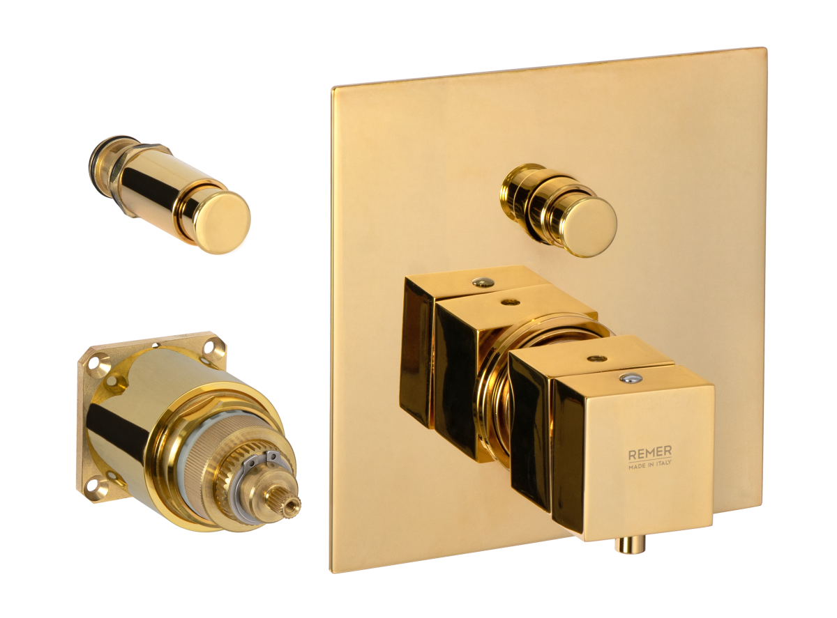 Встраиваемый смеситель для душа Remer Q-Elegance QT09KBDO (золото) с термостатом, внешняя часть